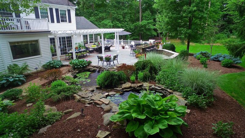 patio with pond